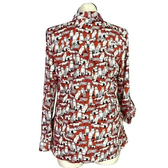 Ann Taylor Top Women L Multicolor Fox Print Half Button Tunic Roll Tab Sleeve - Picture 7 of 9